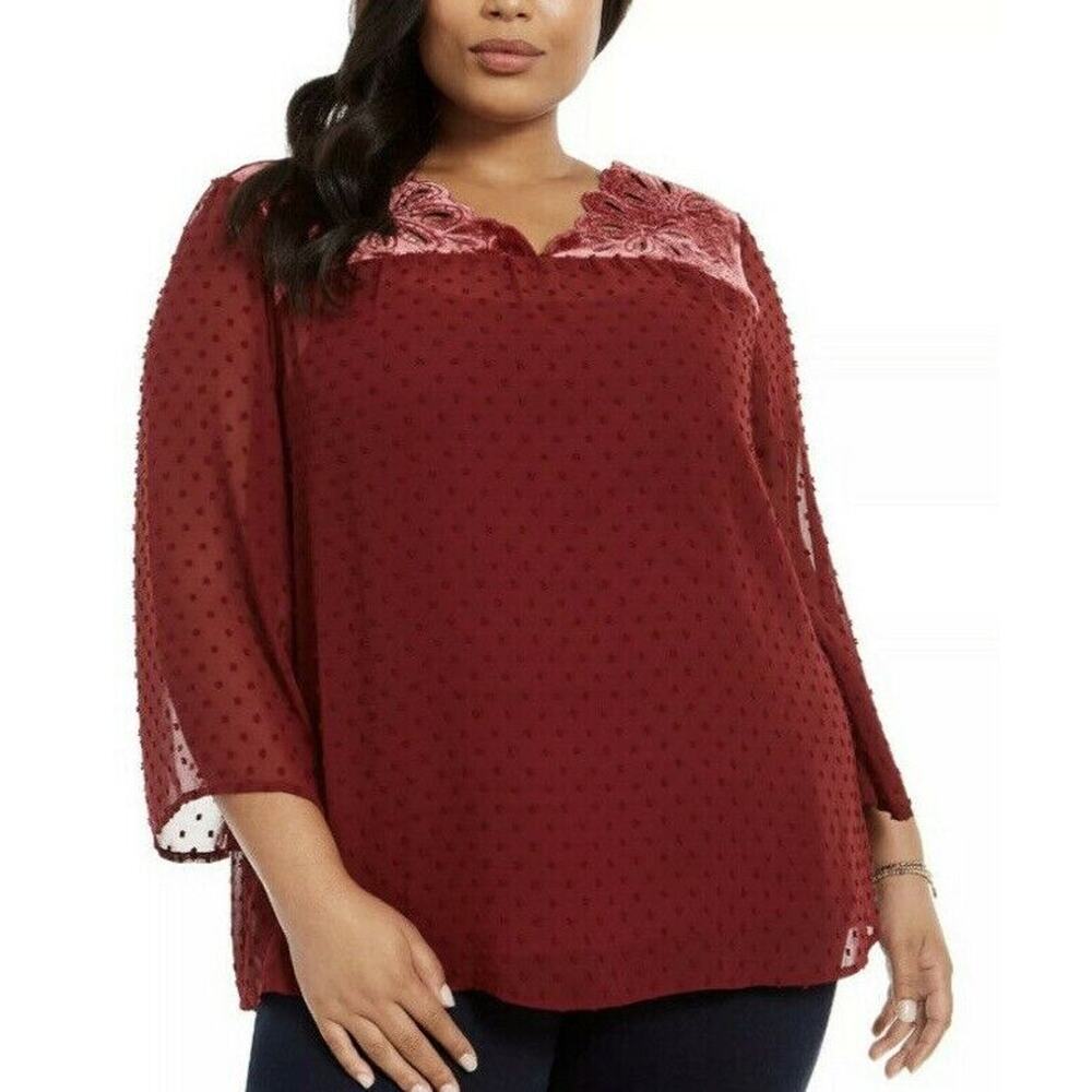 New Style & Co Womans Sz 1X Blouse Lace Sleeve Eyelet Wine Red Blouse‎ NWT